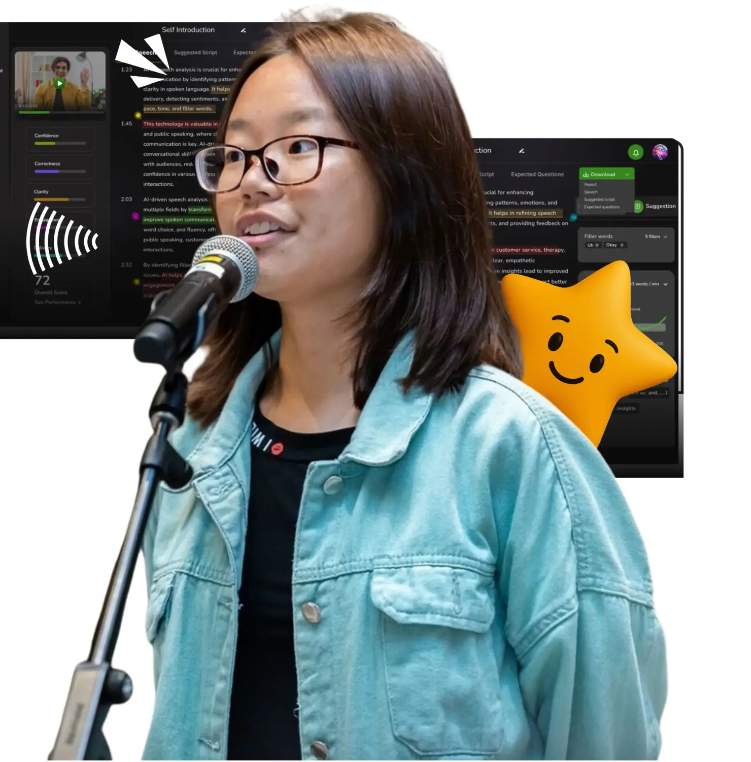 Speaker at a microphone receiving live pitchMe feedback